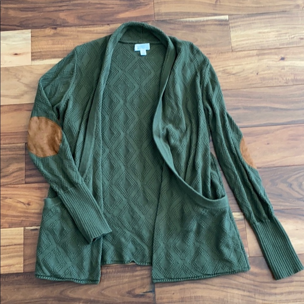 Green cardigan sweater with elbow patches